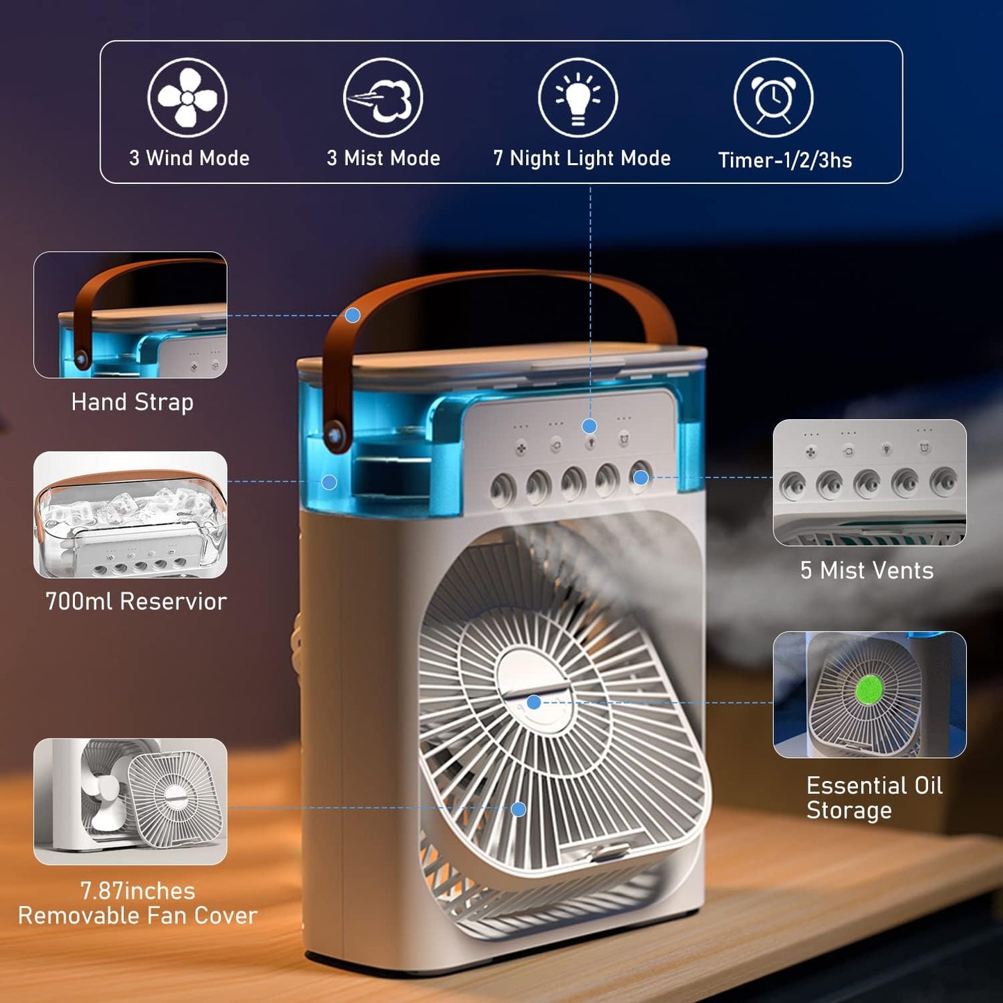 Mini Cooling Fan with Humidifier & Night Light